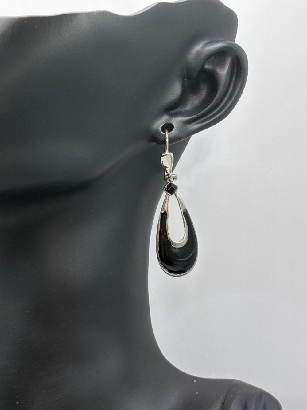 2" Silver Black Teardrop Earrings